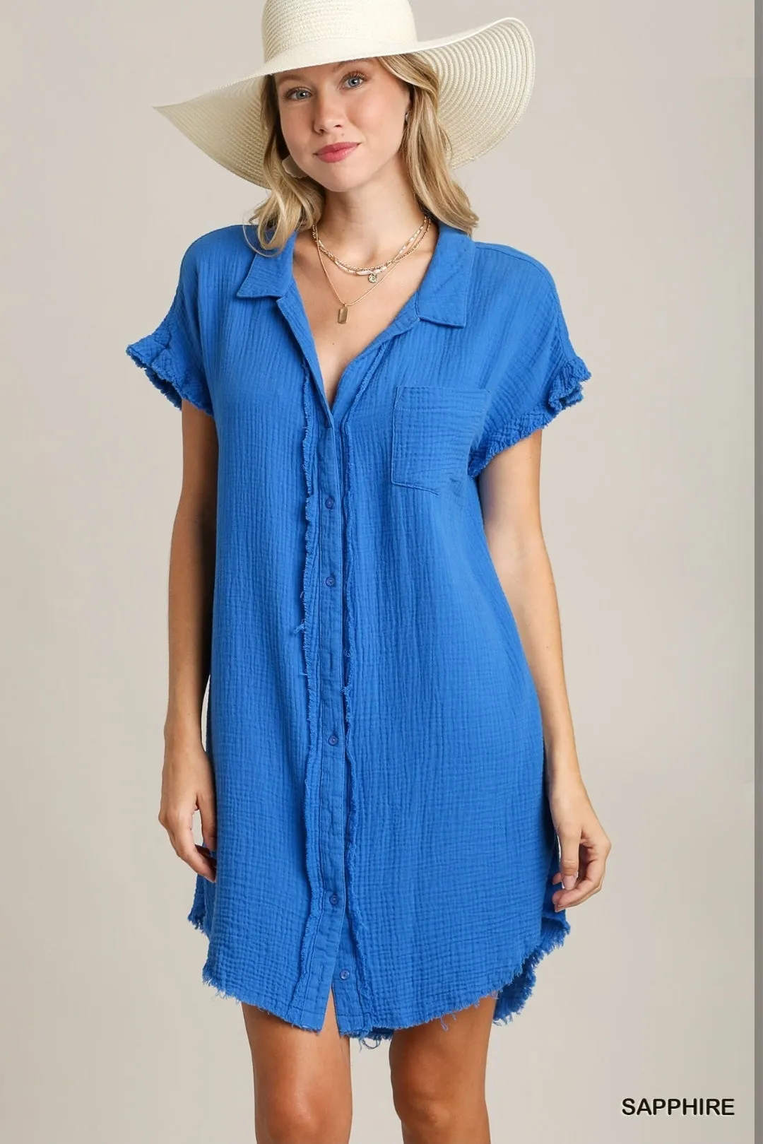 BLUE COTTON GAUZE BUTTON DOWN DRESS