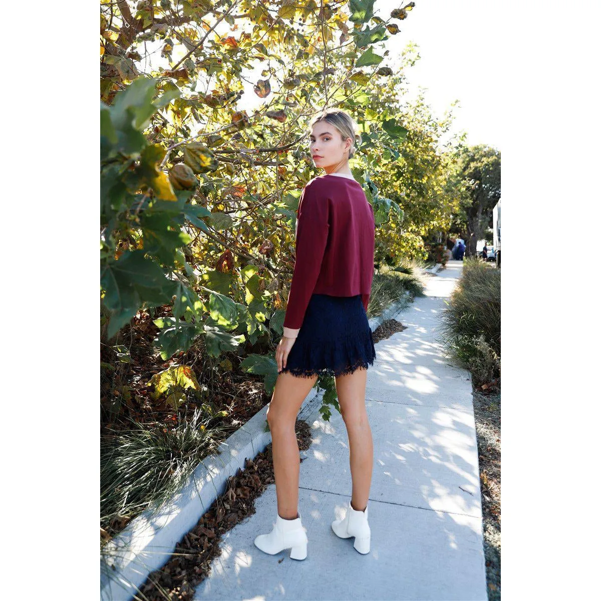 Burgundy Colorblock Long Sleeve Crop Top