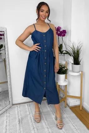 Buttoned Down Strappy Denim Midi Dress