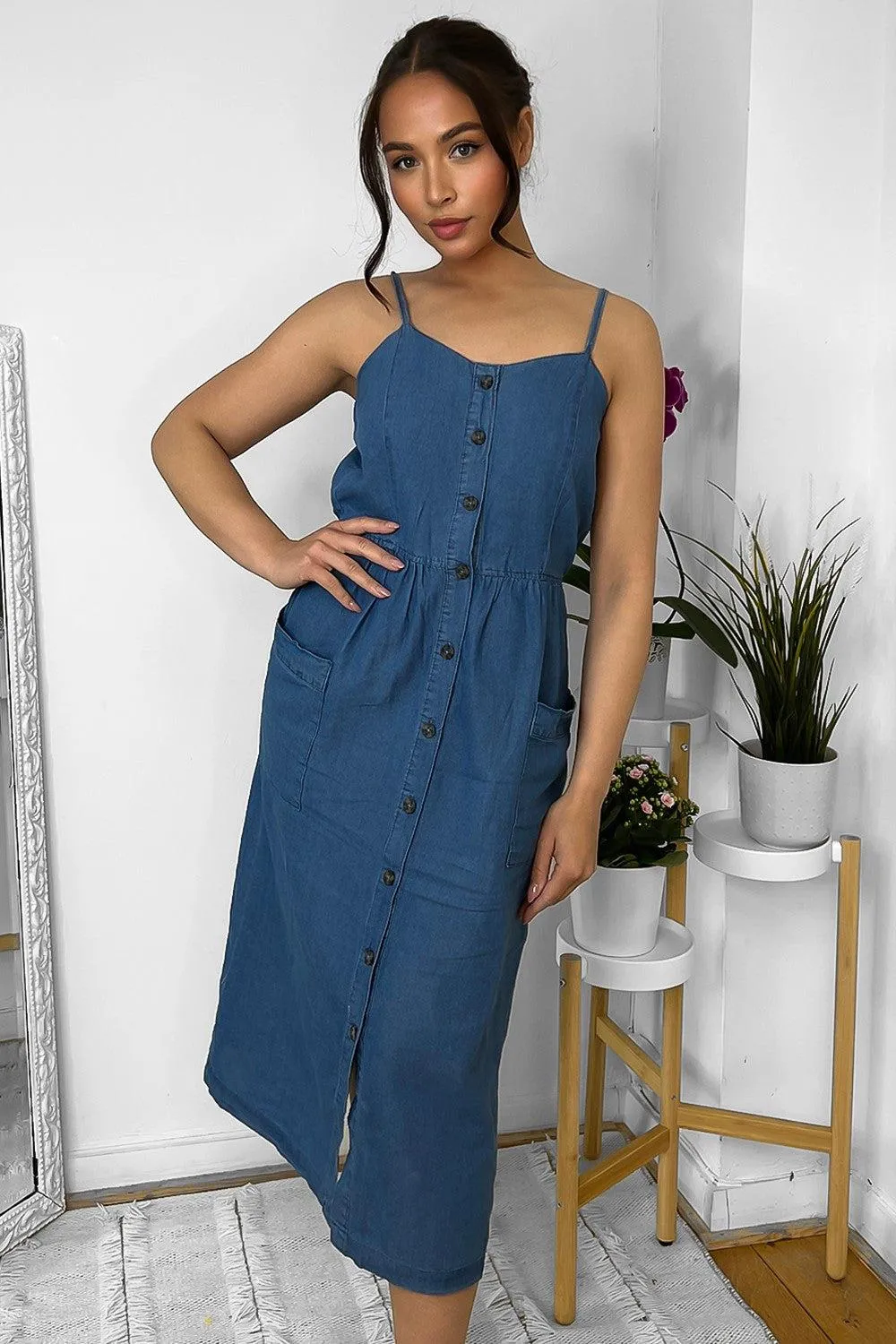 Buttoned Down Strappy Denim Midi Dress