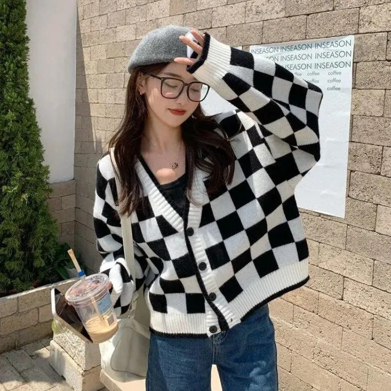 Checkered Button-Down Cardigan