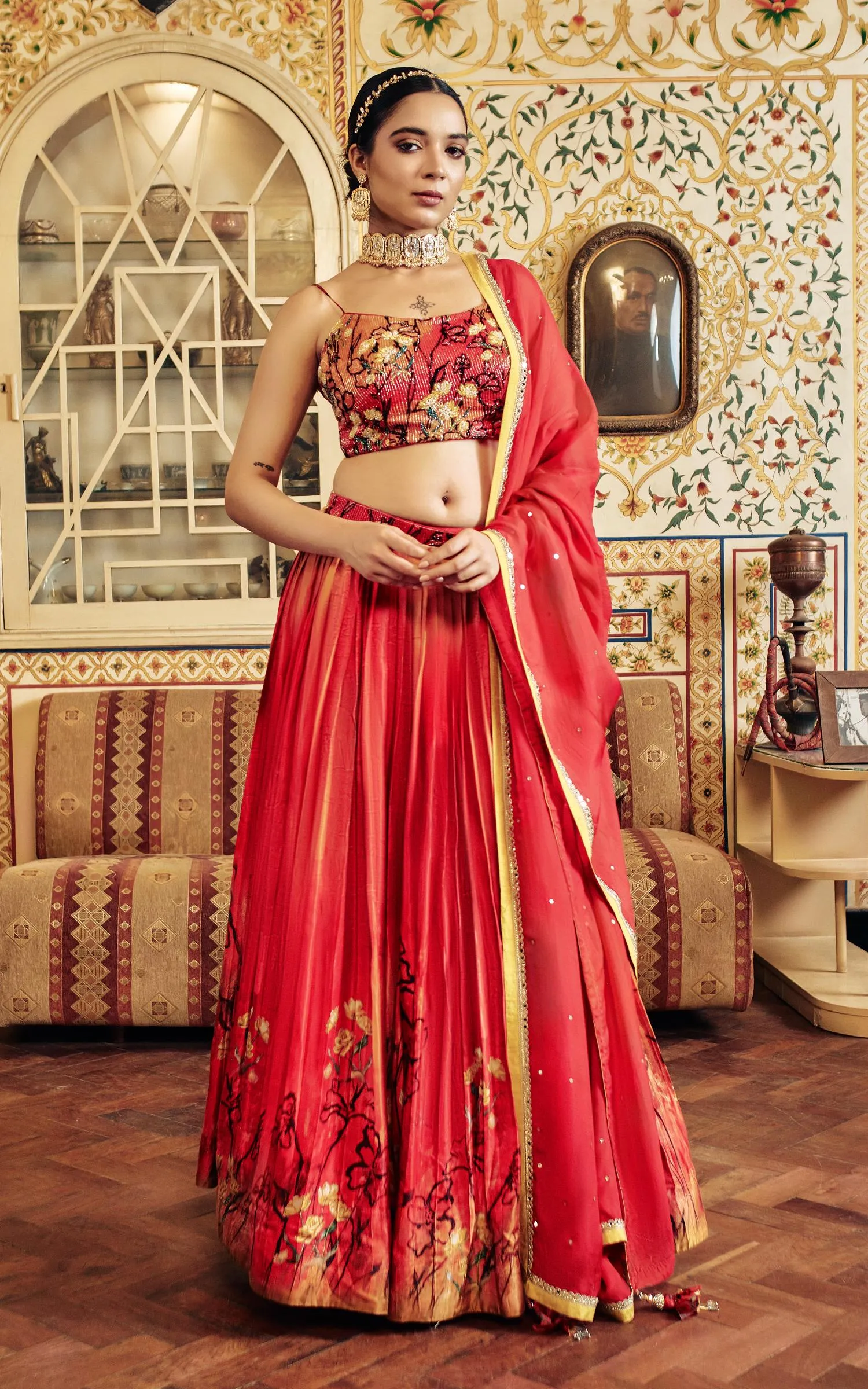 Crimson Red Embellished Crepe Silk Lehenga Set