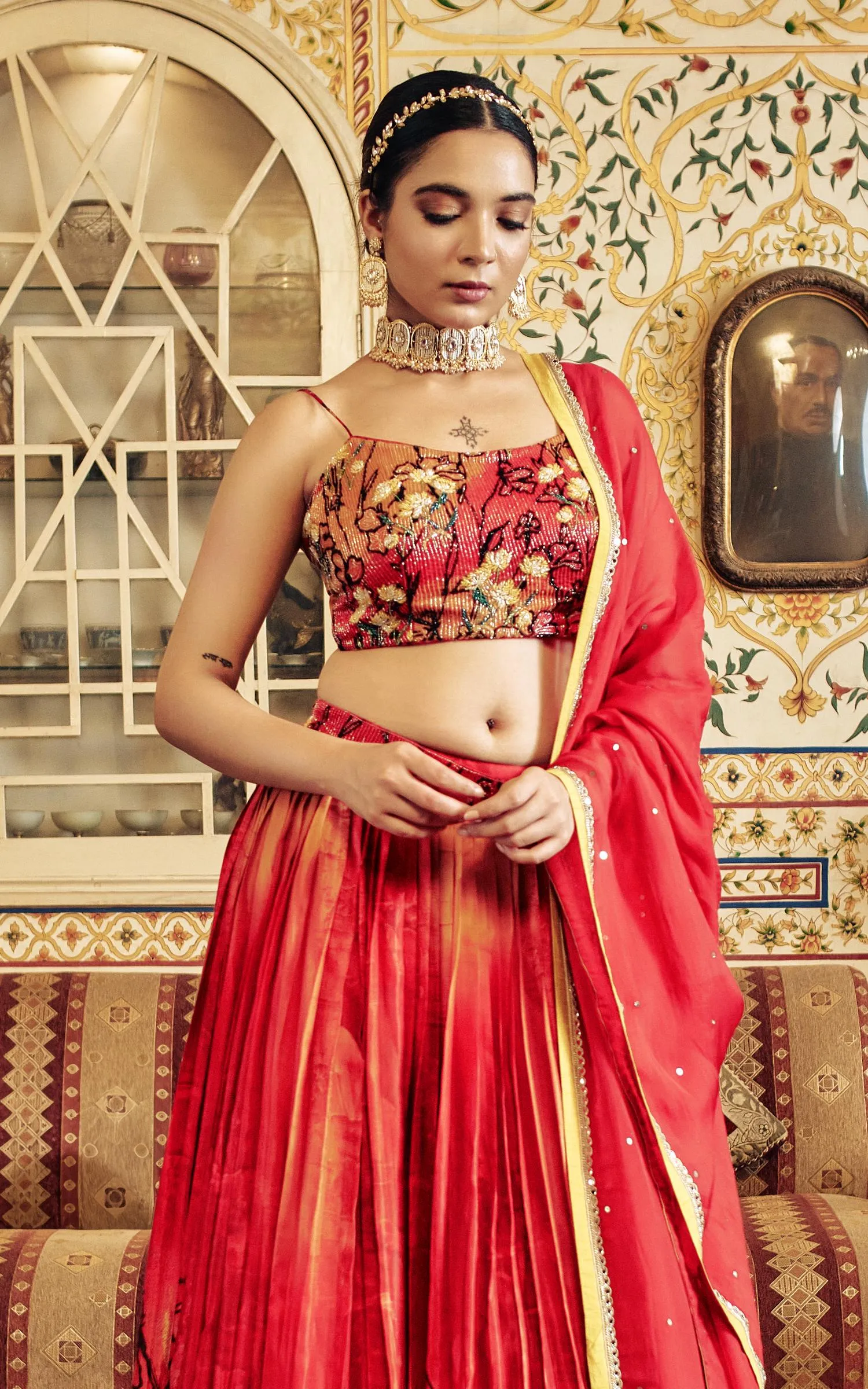 Crimson Red Embellished Crepe Silk Lehenga Set