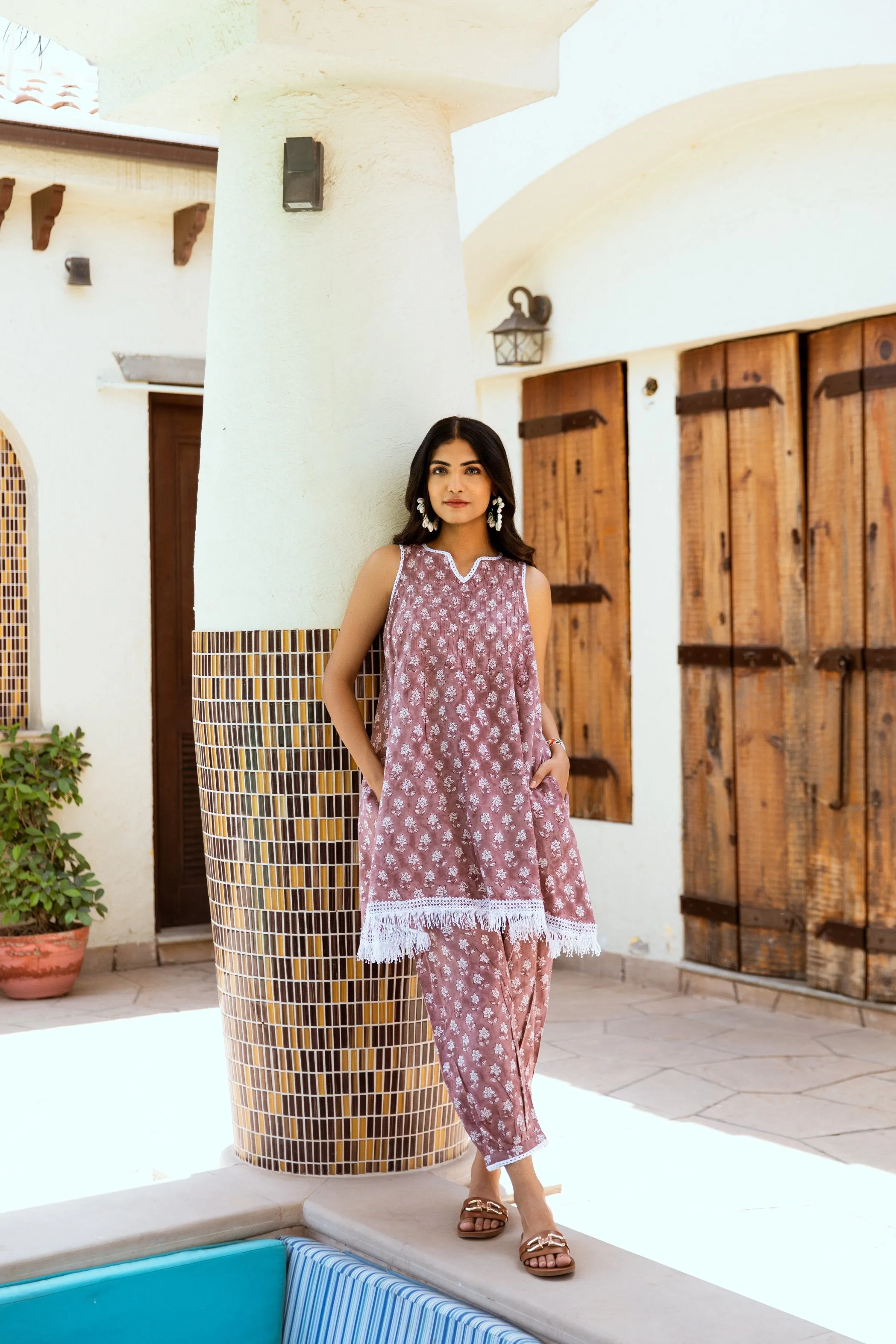 dusty pink cotton handblock print co-ord set