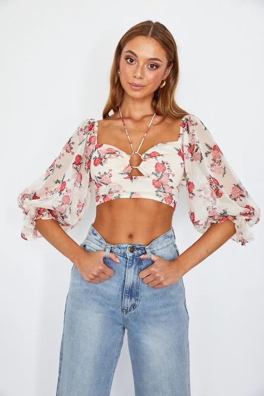 Floral Print Chiffon Balloon Sleeved Bustier Crop Top