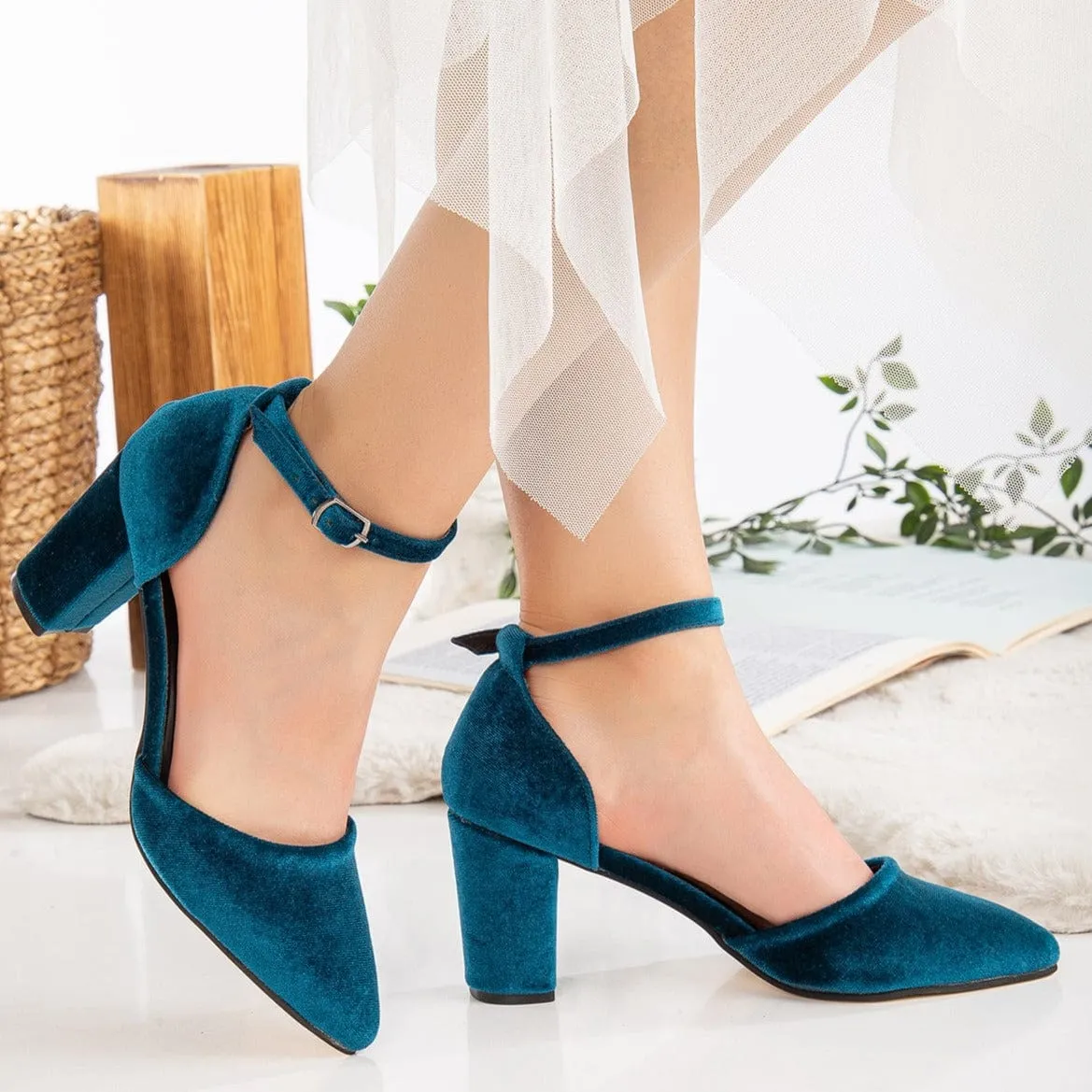 Gisele Vegan Velvet Heels | Teal Blue