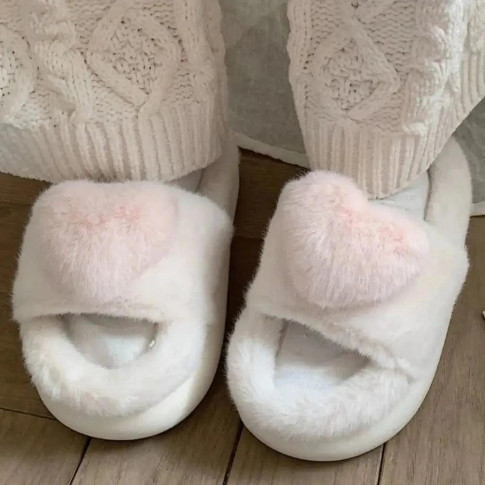 Love Heart Winter Fluffy Home Slippers - Pinkdollz