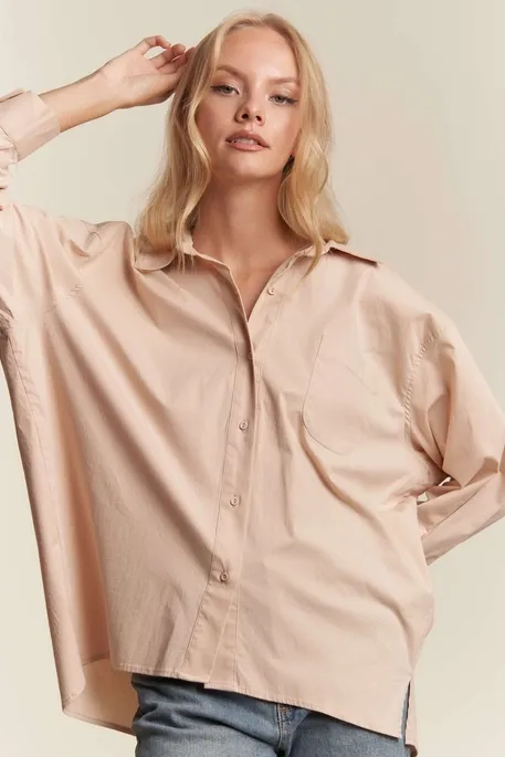 Nude Poplin Button Down Top