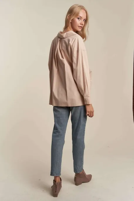 Nude Poplin Button Down Top