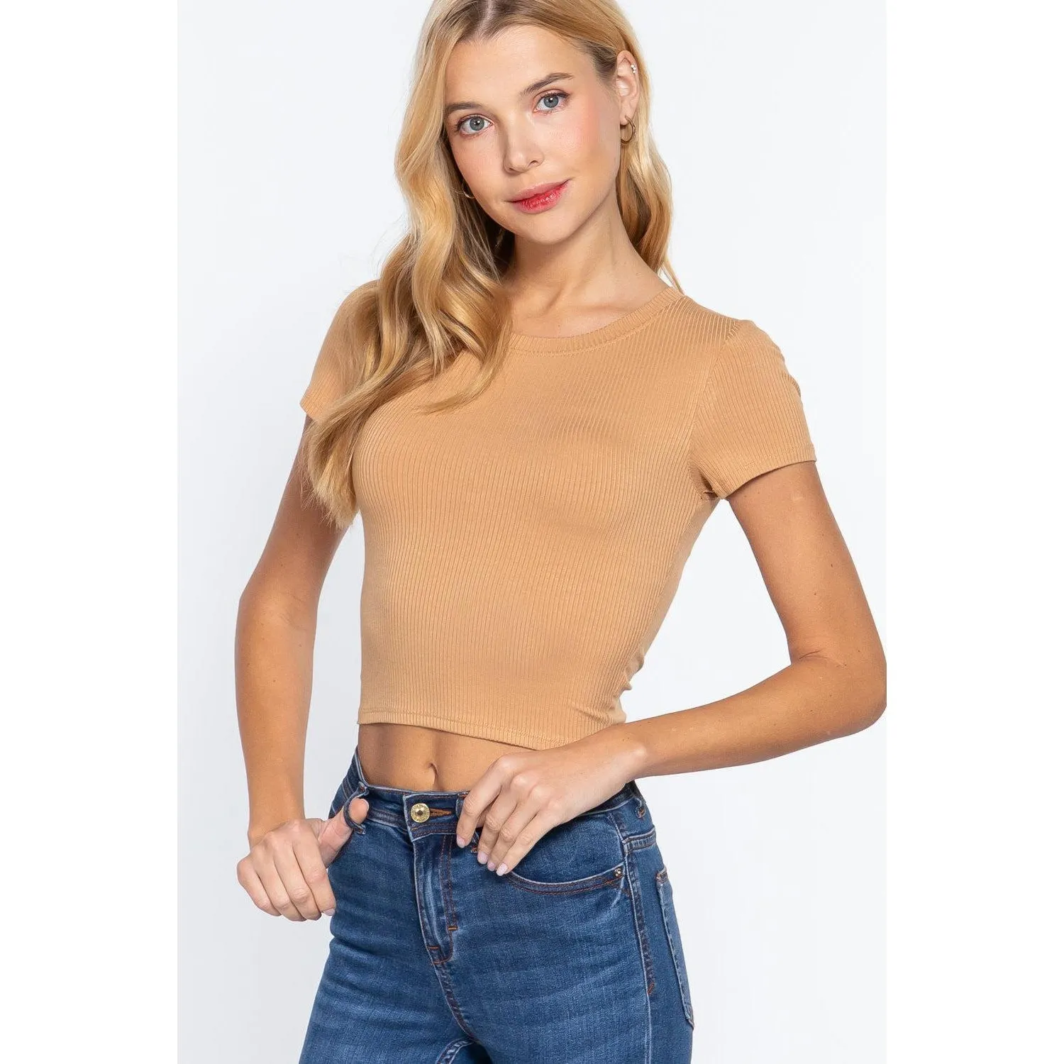 Short Slv Crew Neck Rib Crop Top