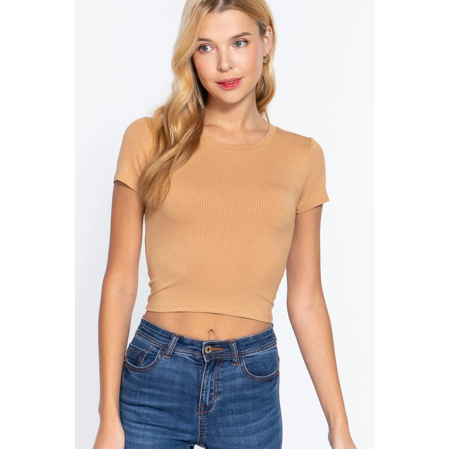 Short Slv Crew Neck Rib Crop Top