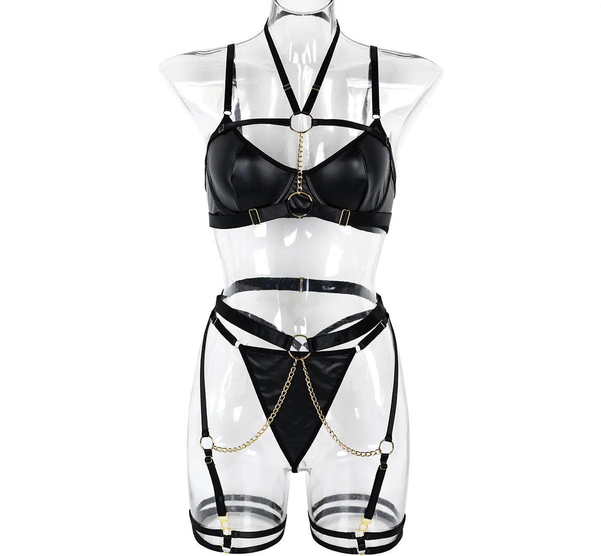 V-neck Backless Erotic Leather Lingerie 5-Piece