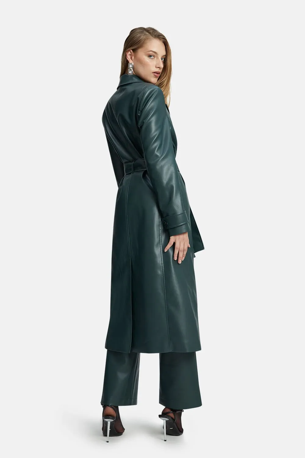 Vegan Leather Trench Coat - Evergreen