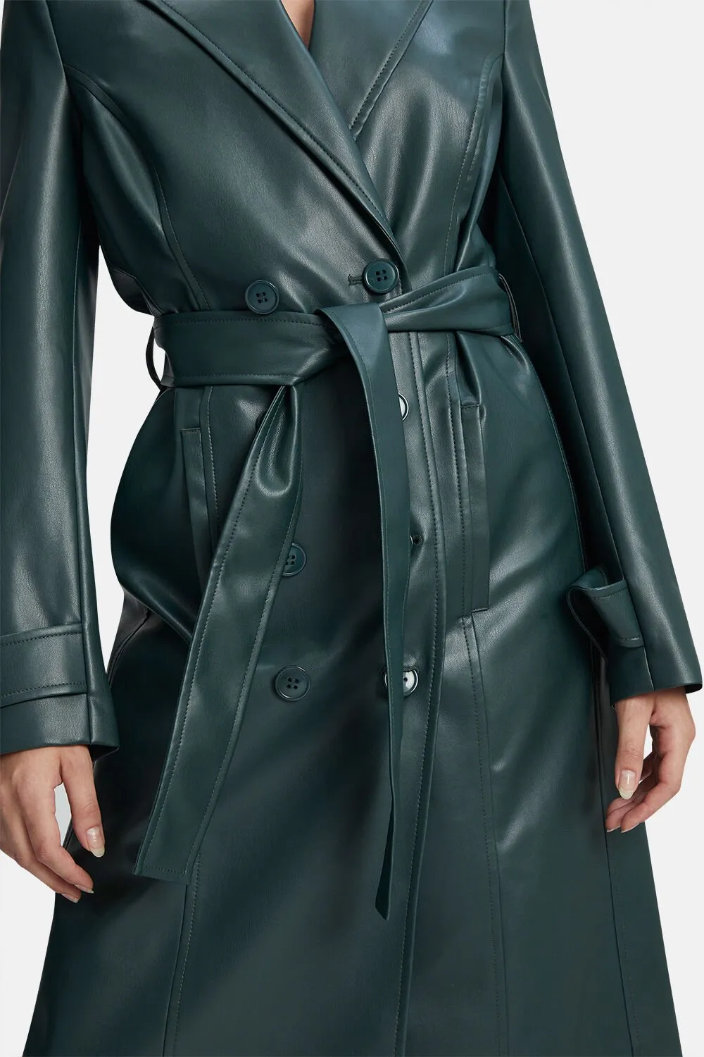 Vegan Leather Trench Coat - Evergreen