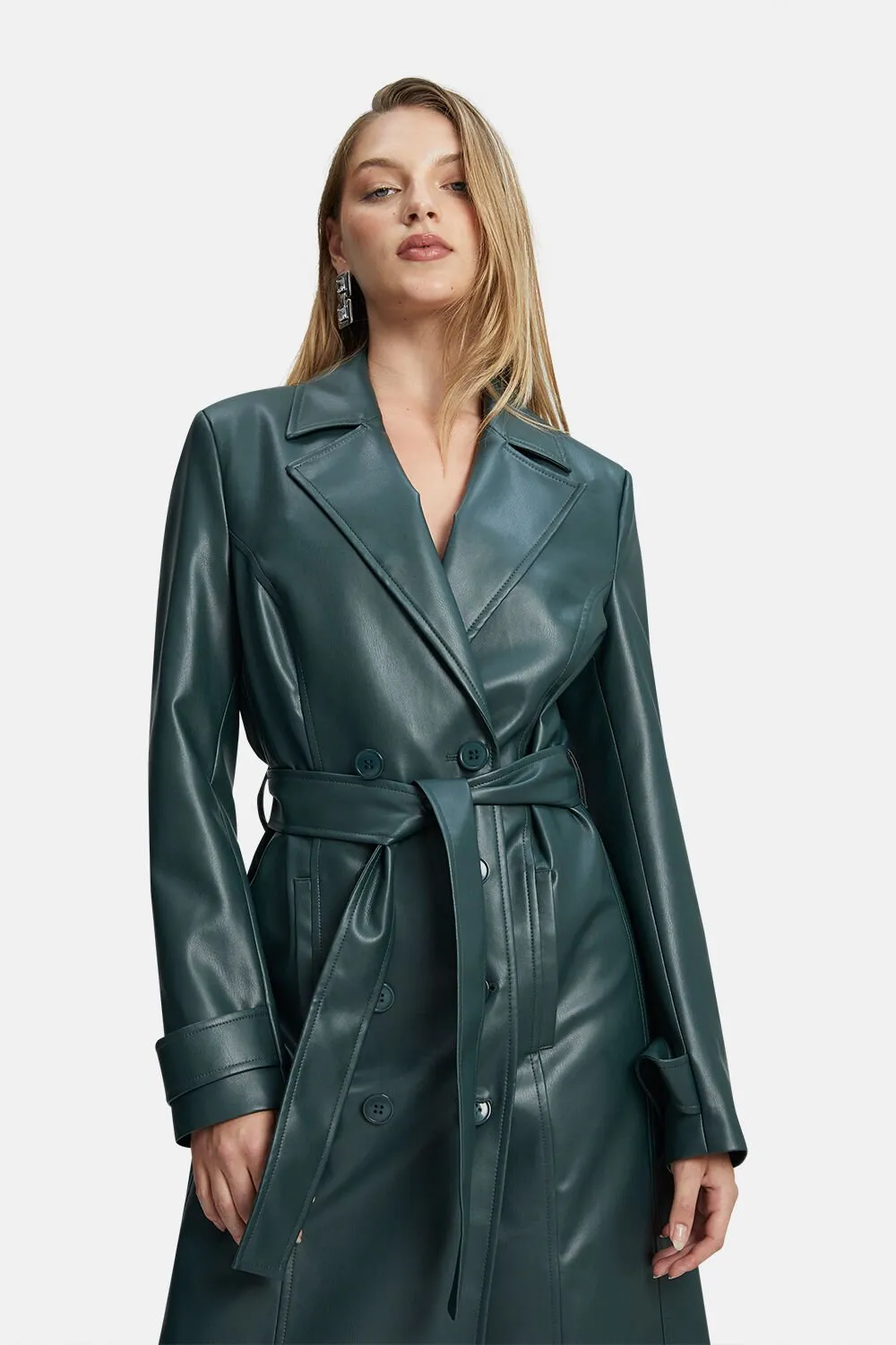 Vegan Leather Trench Coat - Evergreen