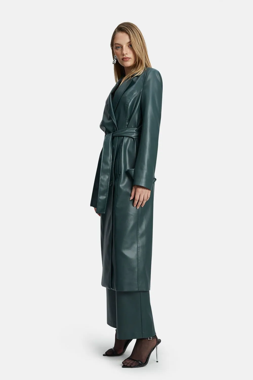 Vegan Leather Trench Coat - Evergreen