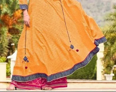 Yellow Color Cotton Full Length Dress With Pink Embroidery Work