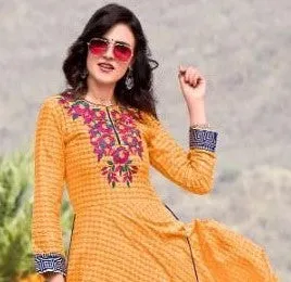 Yellow Color Cotton Full Length Dress With Pink Embroidery Work